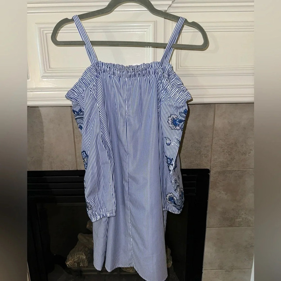 As U Wish NWT Women’s Dress Off theShoulder Blue White Stripe Embroidered- M - Picture 3 of 9
